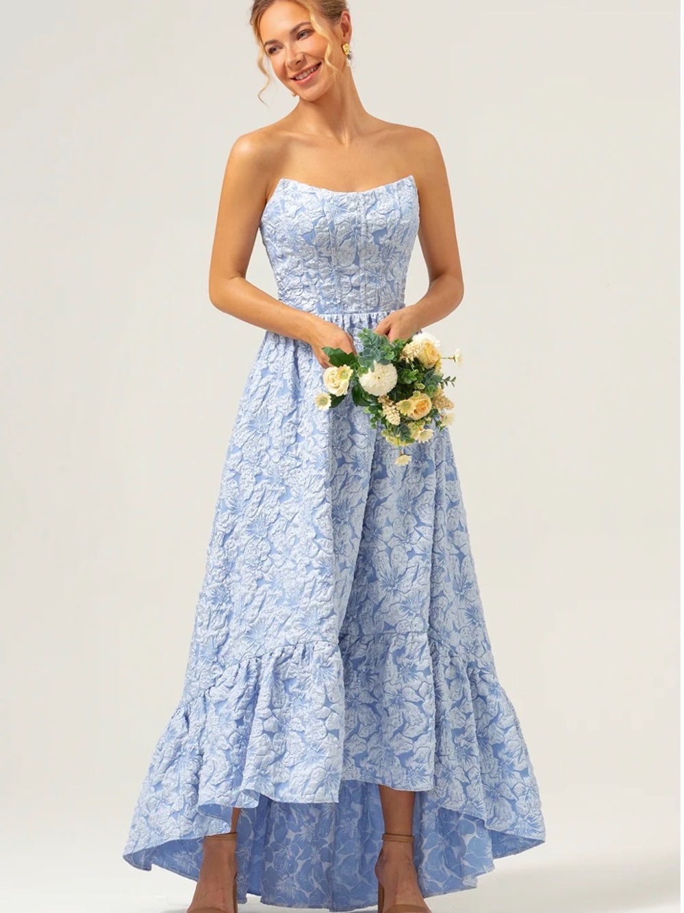 Strapless Light Blue Floral Jacquard Maxi Dress